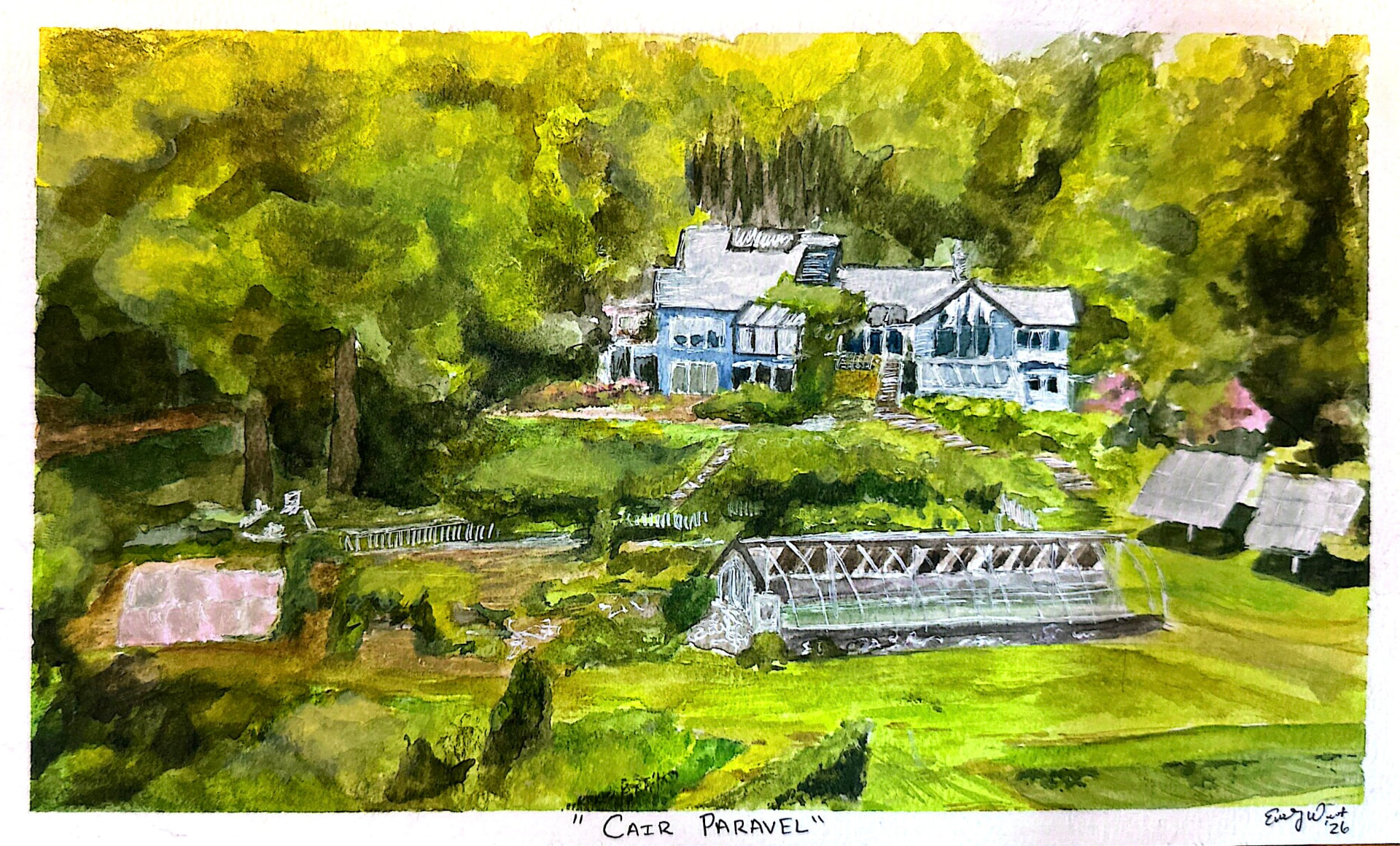 Watercolor painting of the Cair Paravel farmhouse, greenhouse, gardens, and surrounding hillside in the Blue Ridge Mountains