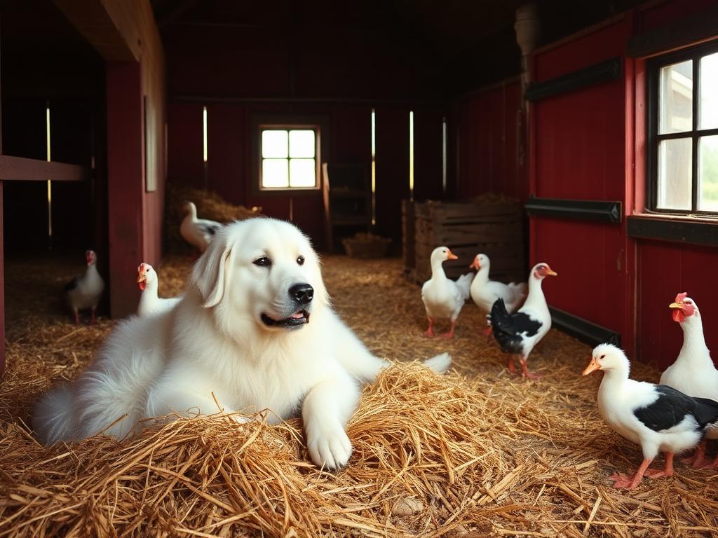 A Great Pyrenees livestock guardian dog with ducks and chickens in the barn