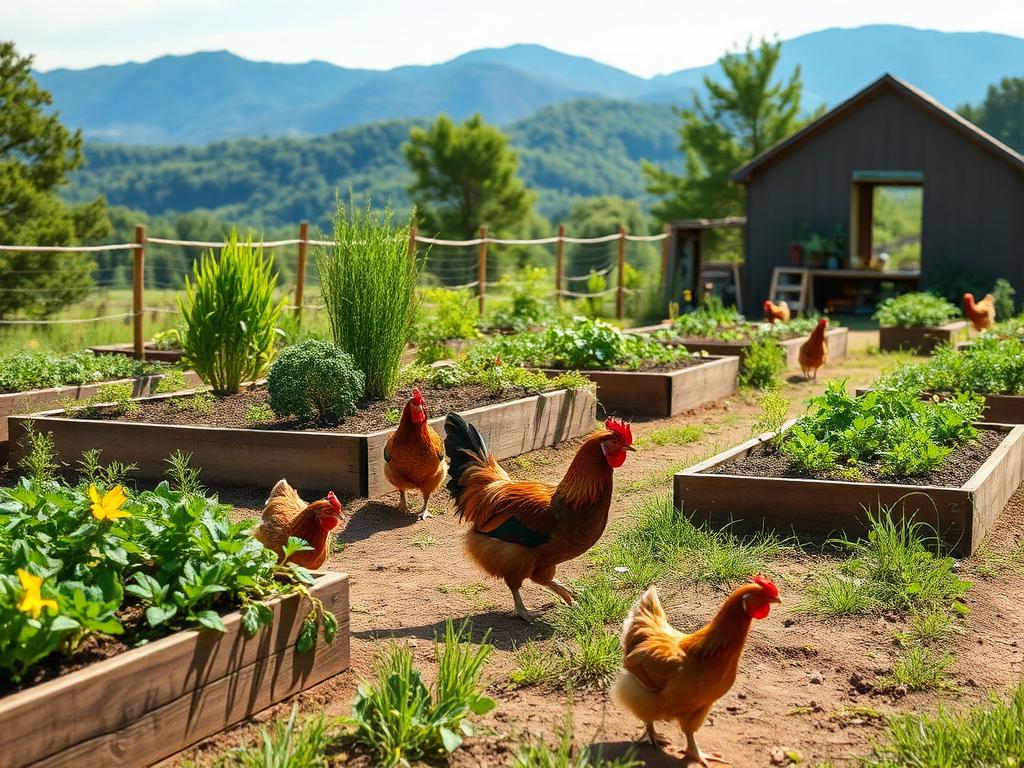 Martha's raised-bed garden with free-range laying hens