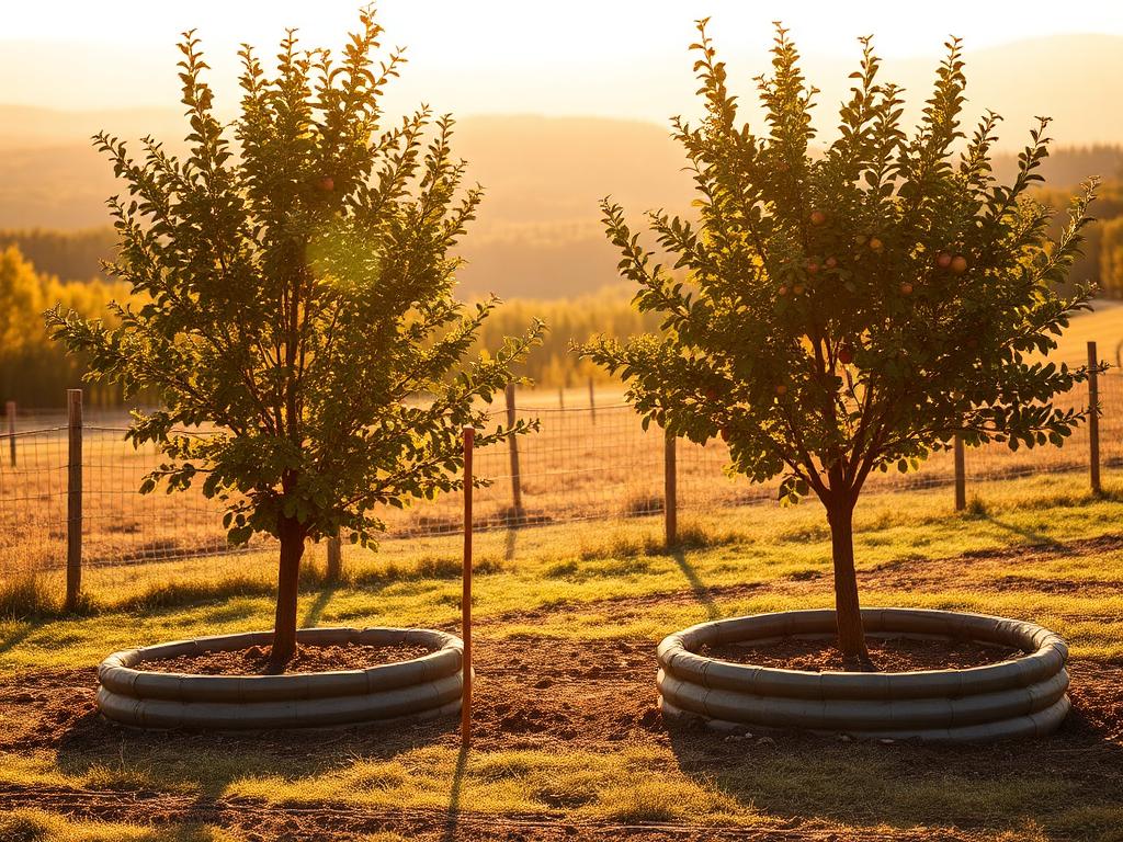 Two young apple trees on hugel mounds in the farm orchard