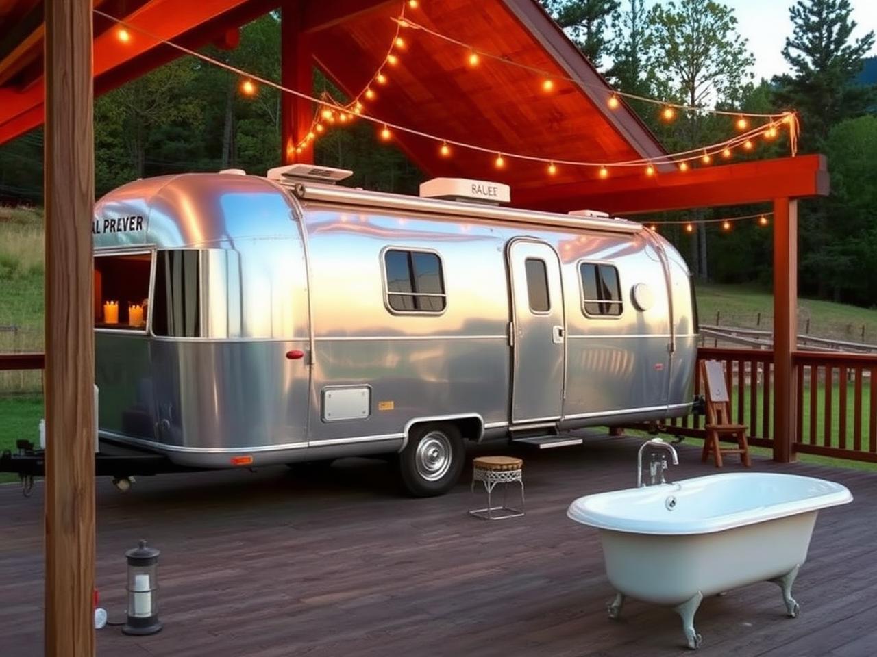 A silver vintage Airstream trailer on a deck with string lights