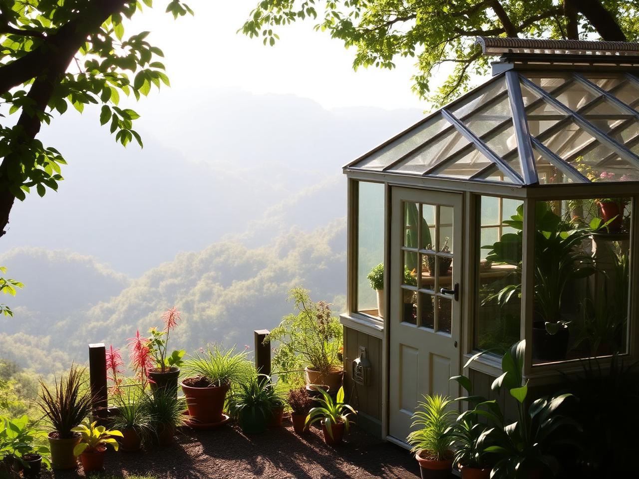 A small cottage with an attached glass greenhouse overlooking a valley