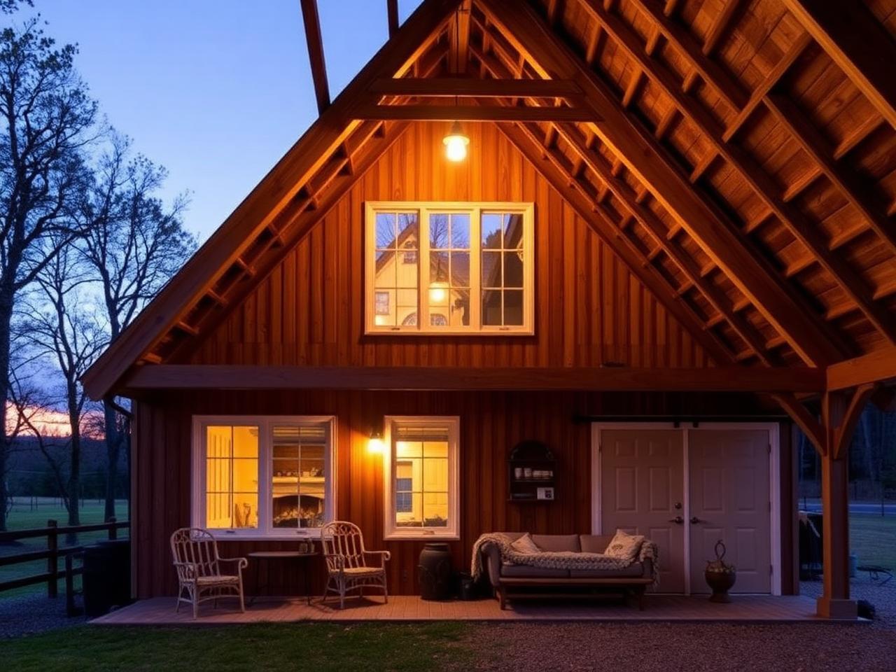 A warm timber guesthouse glowing at dusk