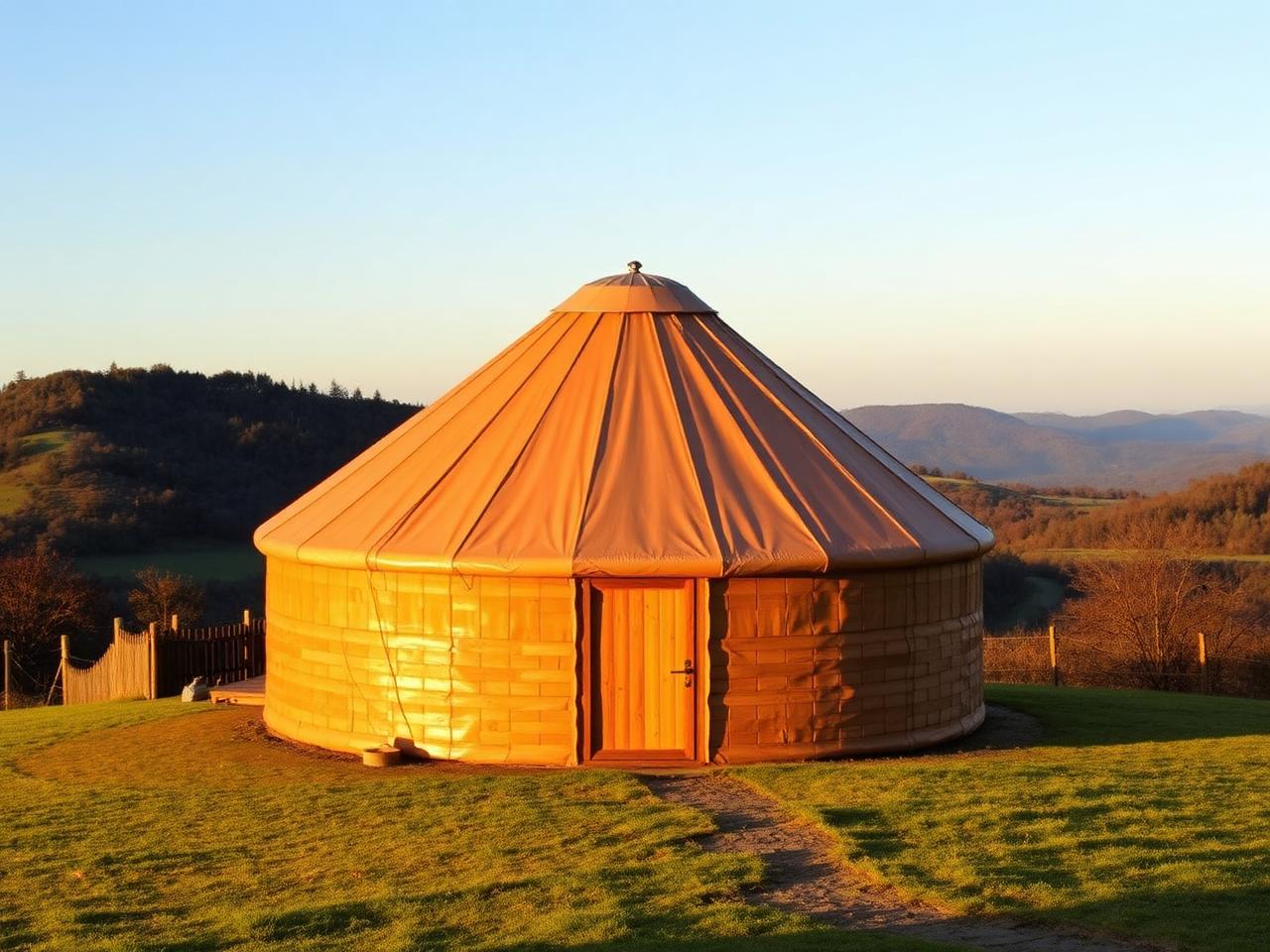 A round wooden yurt on a green hillside at golden hour