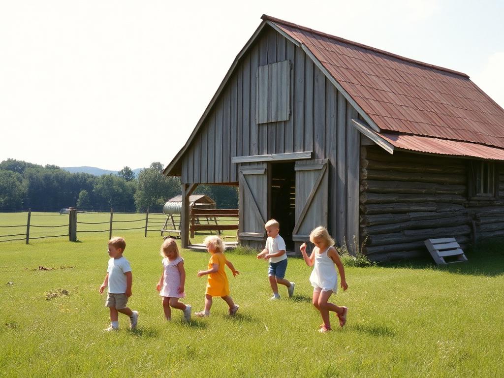 Children playing in front of a weathered farm barn on a summer day