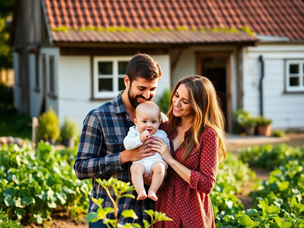 A young couple holding their baby in the farm garden