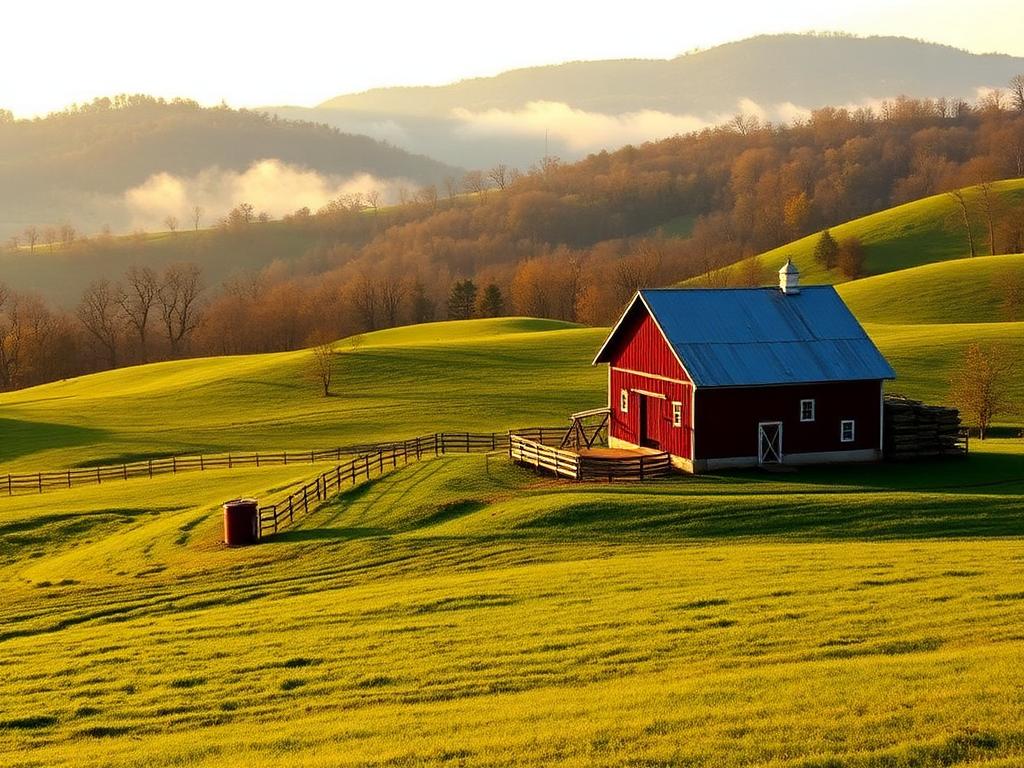 A red barn nestled in rolling Blue Ridge farmland at sunrise