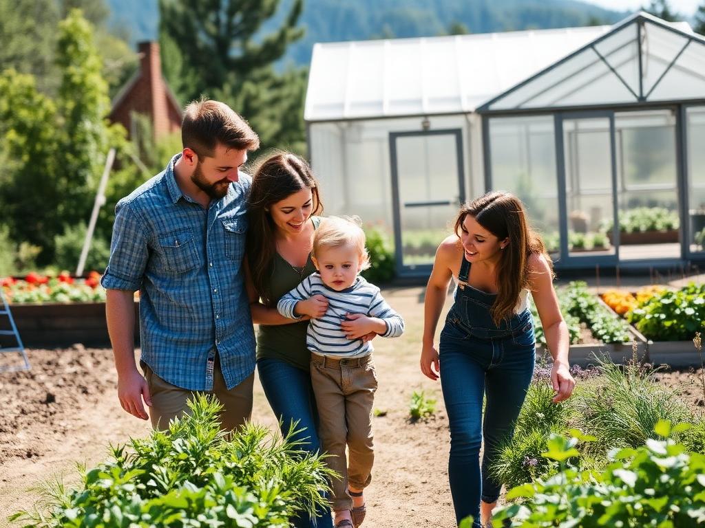 A young family walking through a farm garden with a greenhouse behind them