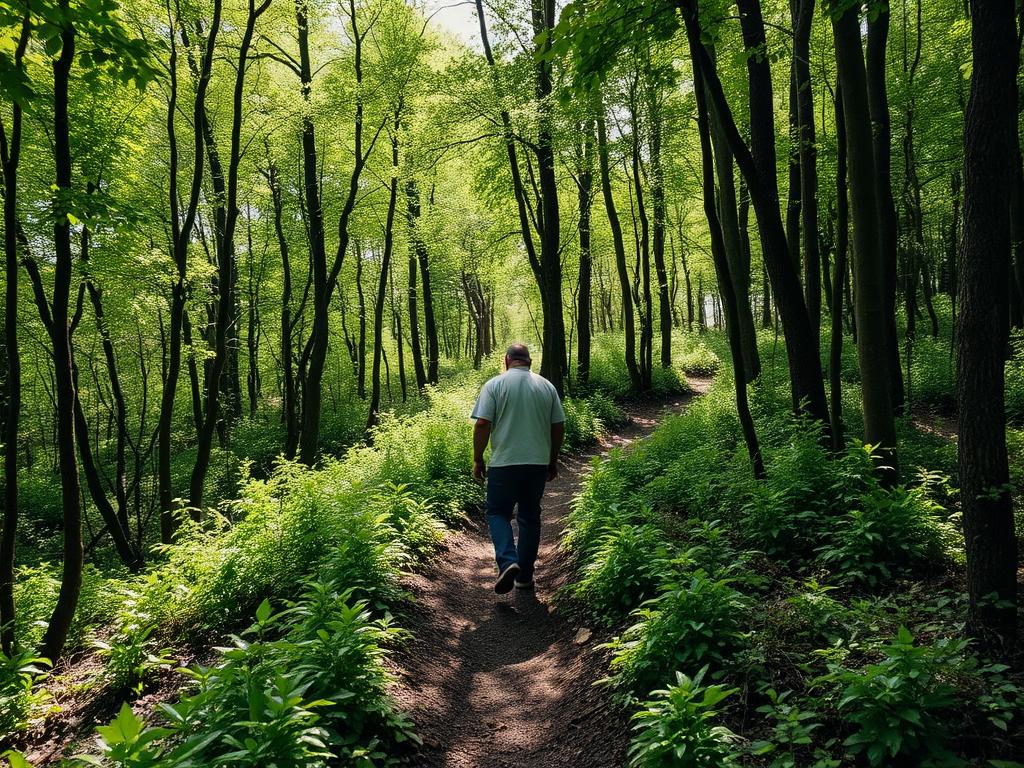 A person walking a lush wooded trail on the farm