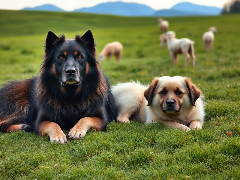 Two large livestock guardian dogs resting in a farm pasture