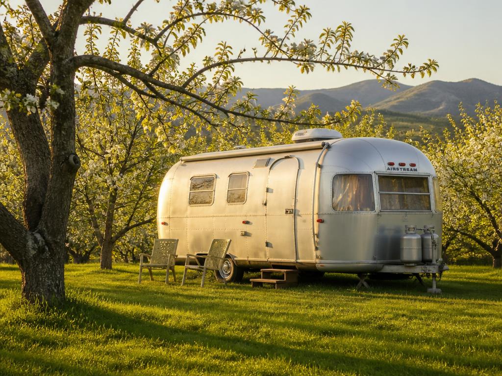 A vintage 1968 Airstream trailer parked under blooming orchard trees with mountain views