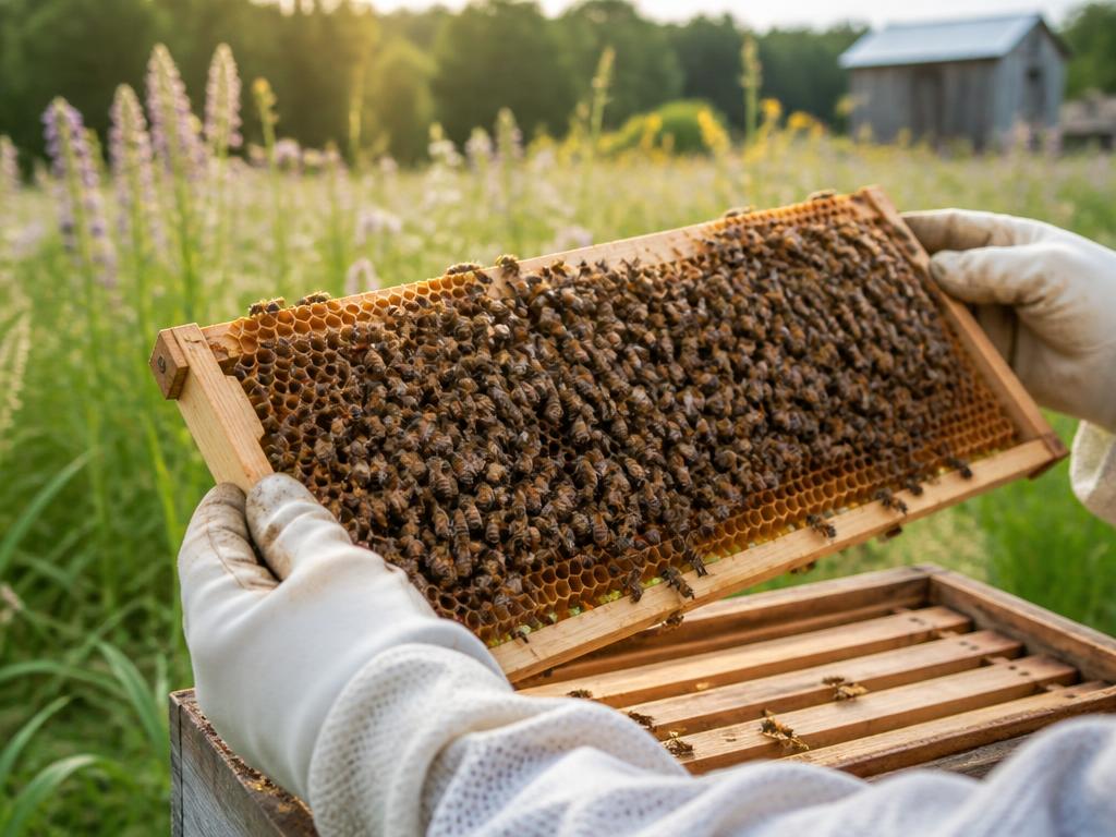 Beekeeper inspecting a honeycomb frame covered with bees in a wildflower meadow